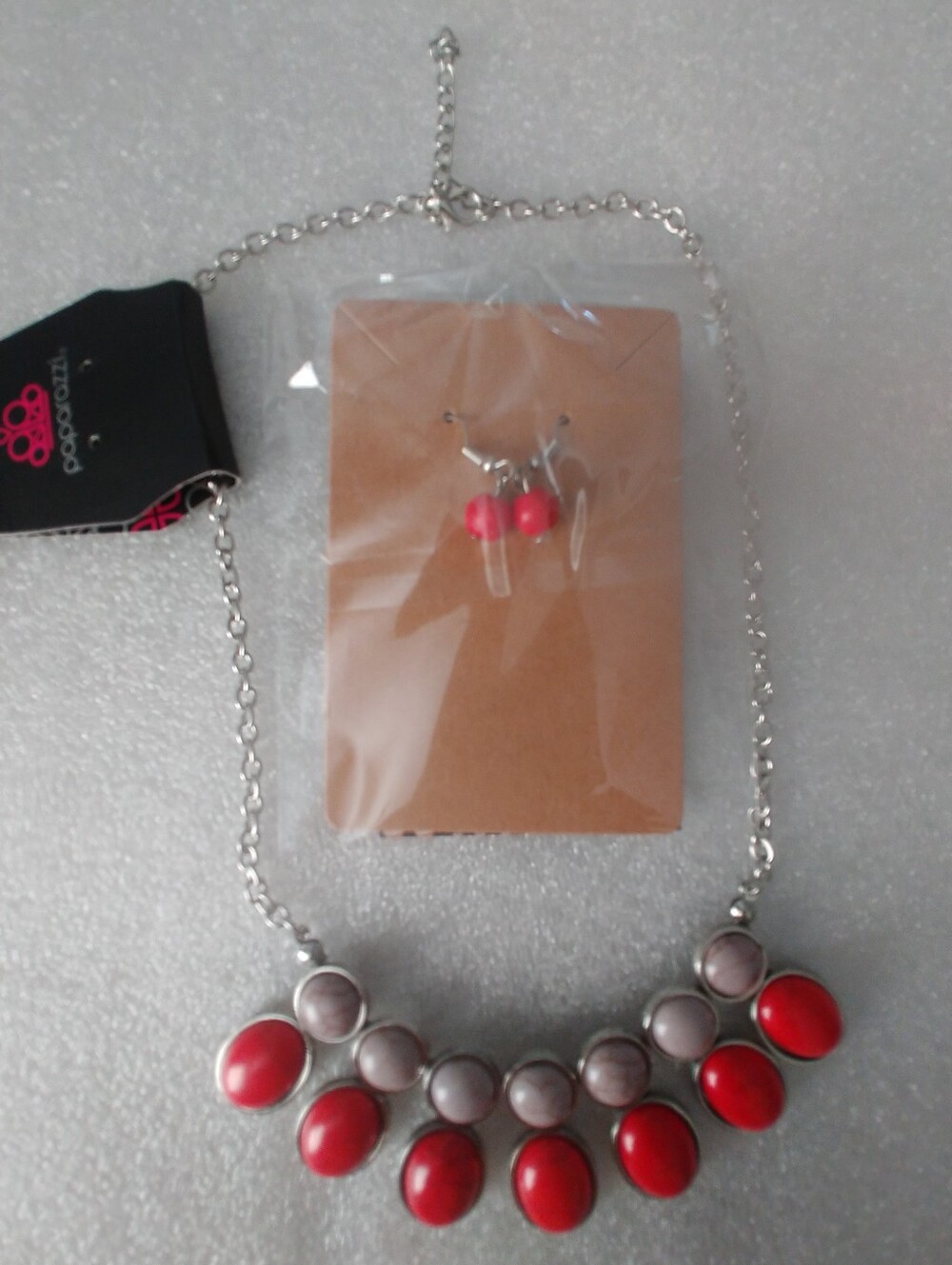 Red and Gray Bib Necklace with Matching Earrings